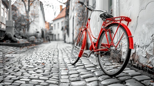 Visualize a retro vintage red bike parked on a cobblestone street in the heart of the old town. The image is rendered in black and white, enhancing the nostalgic charm of the scene