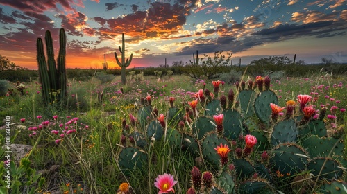 Visualize the enchanting beauty of a Texan sunset, where flowering cacti and Indian blanket wildflowers paint the landscape with vibrant hues. photo