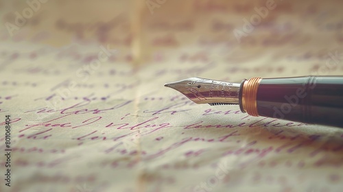 Picture a vintage fountain pen gracefully inscribing delicate script onto an old handwritten letter. The ink flows smoothly across the aged paper, capturing the essence of bygone correspondence.
