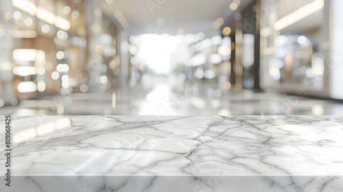 Empty white marble stone table top and blur glass window interior cafe and restaurant banner mock up abstract background - can used for display or montage your products.