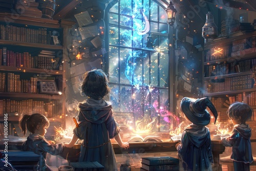 Young learners are engrossed in studying magical books in a mystically illuminated library, surrounded by vibrant, magical energy.