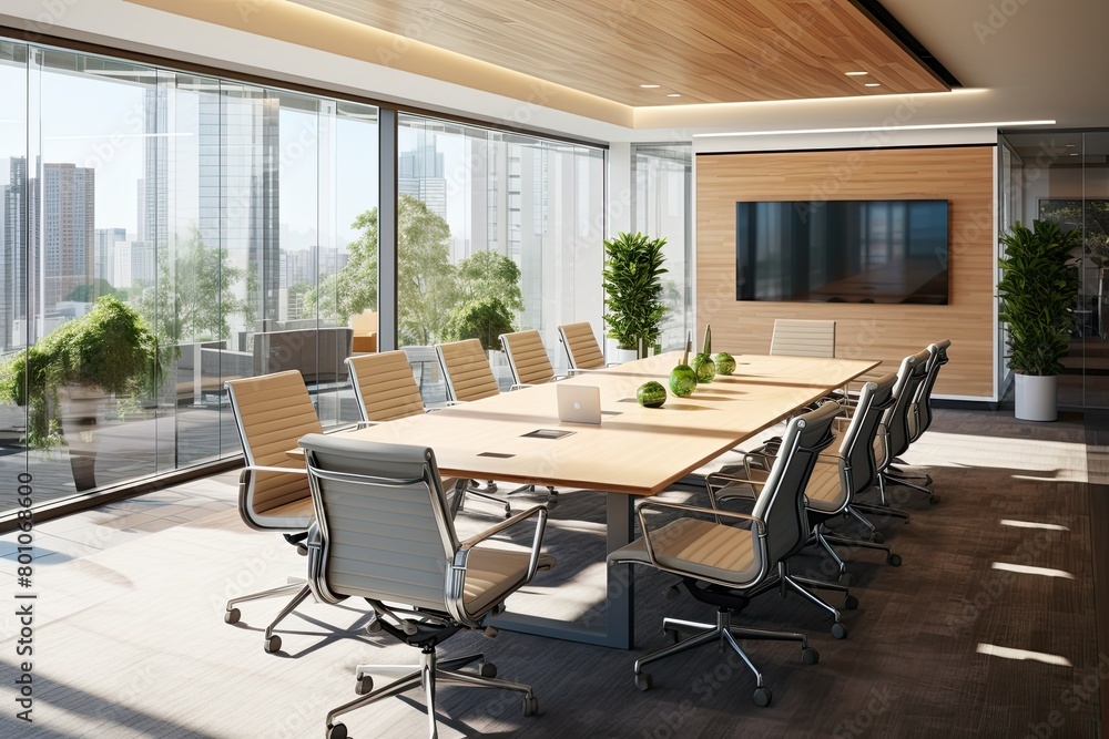 A modern conference room featuring a large table surrounded by chairs, designed for group meetings and discussions. Generative AI A modern conference room featuring a large table surrounded by chairs, designed for group meetings and discussions. Generative AI