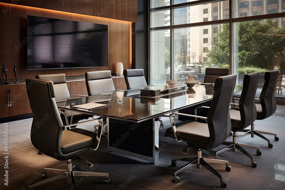 A conference room featuring a large table surrounded by chairs for meetings or presentations. Generative AI A conference room featuring a large table surrounded by chairs for meetings or presentations. Generative AI