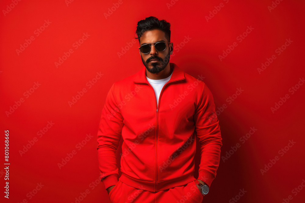Obraz premium Young and stylish man in tracksuit on red background