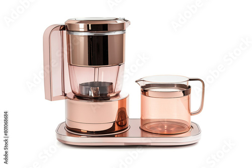 A stylish juicer with a rose gold finish and a detachable juice jug isolated on a solid white background.