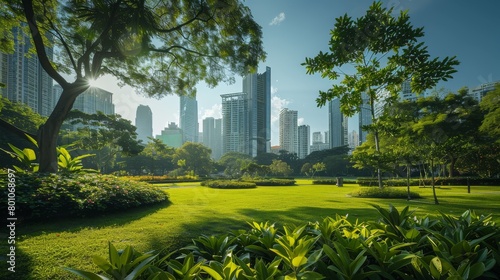 A park in the middle of a city with lush green trees and grass.