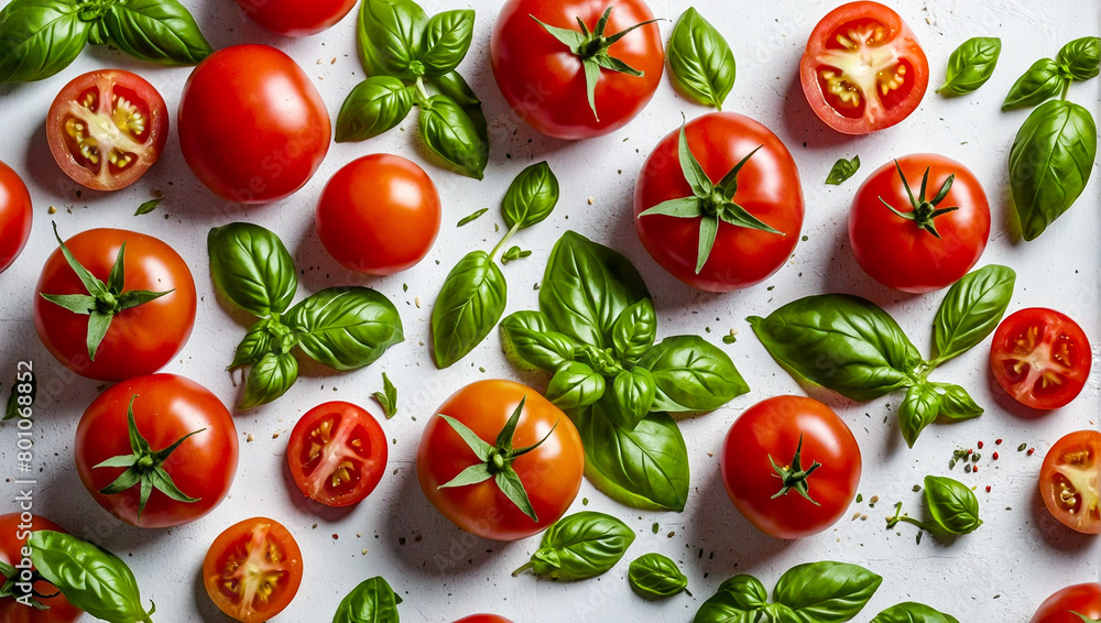 Collection of fresh organic tomatoes and basil herb leaves on a white table Collection of fresh organic tomatoes and basil herb leaves on a white table