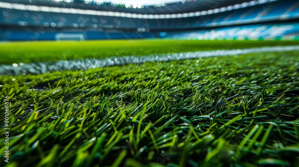 A closeup of a vibrant soccer field with lush green grass in the foreground and a stadium in the background, ready for a thrilling match