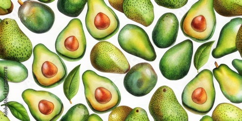 Seamless pattern, Watercolor illustration of ripe avocados of different sizes and shapes, natural and fresh. AI generated.culinary blogs, pattern for fabric or paper.
