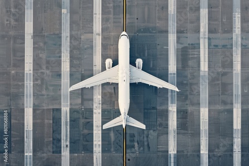 Taxiway at an Aerodrome. Aerial View of Departing Narrow Body Aircraft on Runway with Top-Down