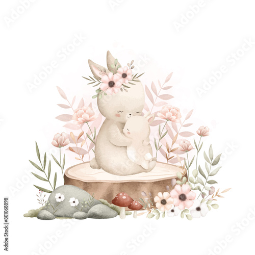 Watercolor Illustration Cute Mom and Baby Rabbit Sit on Log with Flowers and Leaves © Stella
