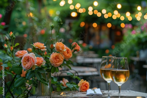 Fototapeta Naklejka Na Ścianę i Meble -  Romantic evening in a rose garden with live classical music, wine tasting, and a poetry reading event, creating a sophisticated ambiance in honor of National Rose Month,