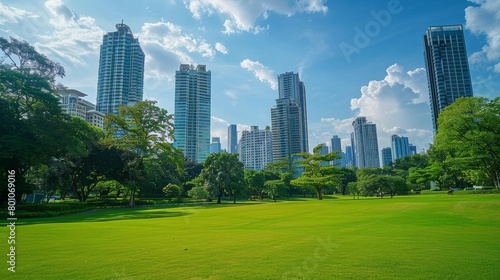 City park with lush green field and modern skyscrapers in the background
