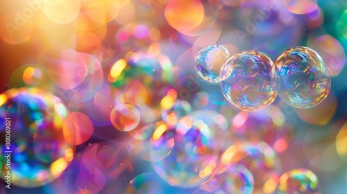 Several soap bubbles in various sizes floating in the air, reflecting a spectrum of rainbow colors photo