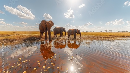 Elephant Family Drinking at a Water Hole Wide Angle Shot with Big Sky Reflections in the Water