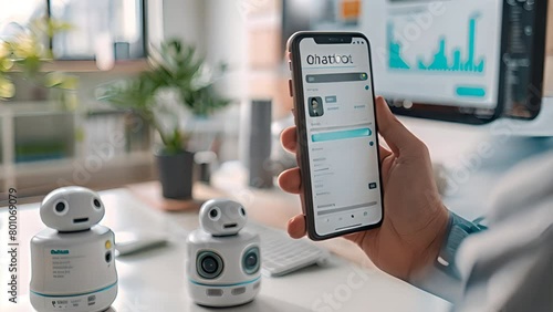 Hand holding a mobilephone with a chatbot on his screen,with the text 
