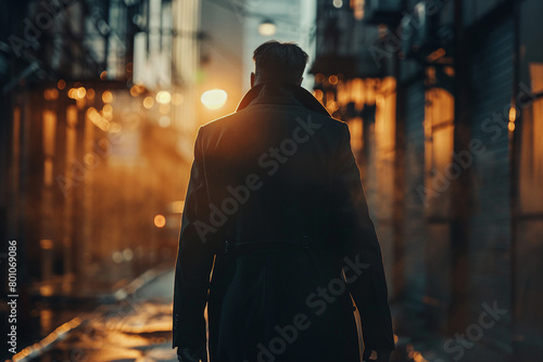 Mysterious man in trench coat under in style of film 80s generative AI photo