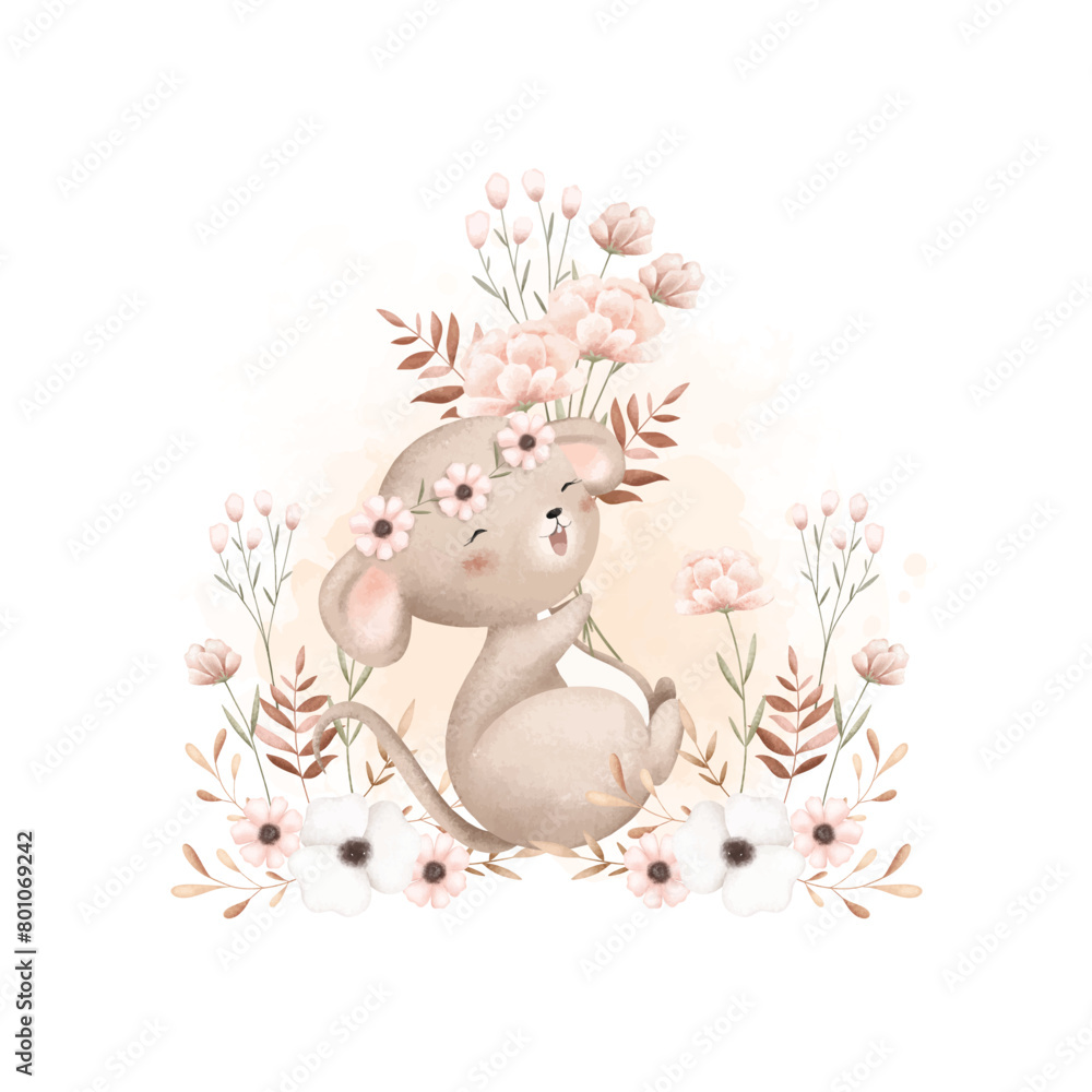 Obraz premium Watercolor Illustration Cute Mouse and Flowers