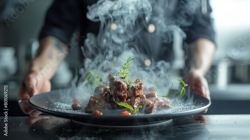A person holding a plate of steaming hot food, smoke rising from it, showcasing a delicious meal