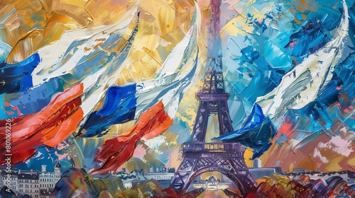 French Bastille Day flags painted against the backdrop of the Eiffel Tower, tricolor waves captured mid-flutter, embodying national pride