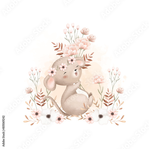 Watercolor Illustration Cute Mouse and Flowers