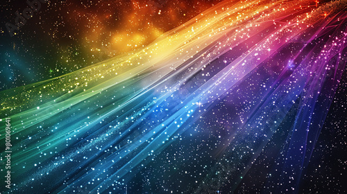 Cascading rainbow ribbons of light weaving through space, creating an otherworldly spectacle against a blank canvas.