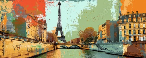 pop art illustration collage style of Tour Eiffel, Paris city symbol , travel destination concept 