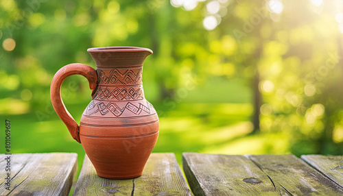 Handmade ceramic jug on wooden table. Handcrafted pottery. Blurred natural background. photo