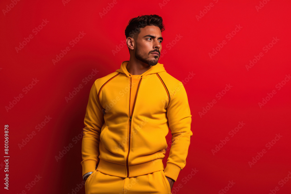 Young and stylish man in tracksuit on red background Young and stylish man in tracksuit on red background