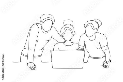 Single continuous line drawing of Three colleagues sharing thoughts with each other2, Neighbors concept. Trendy one line draw design vector illustration.
