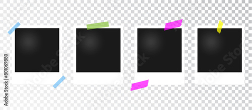 Set of polaroid vector photo frames on sticky colored tape on transparent background. Photo booth, scrapbooking photo frames design. Vector illustration