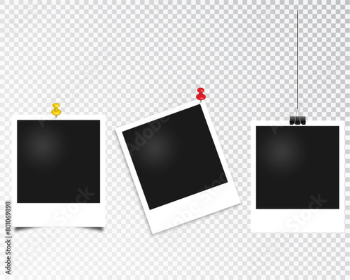 Set of polaroid vector photo frames on transparent background. Photo design. Template of photo frames on sticky tape. Vector illustration