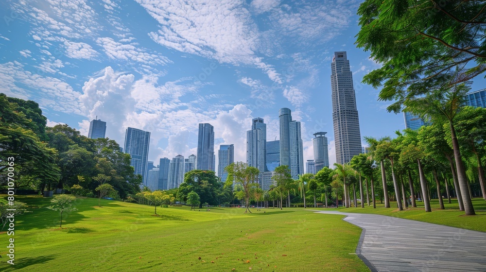 City park with a view of skyscrapers