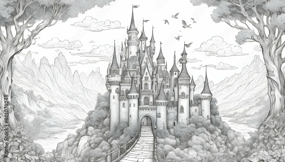 Whimsical Black And White Castle In A Fairytale La