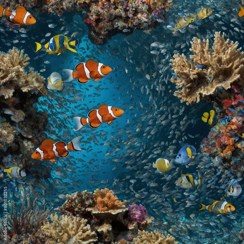 Naklejka premium School of orange, white clownfish swims through vibrant coral reef teeming with life. Various species of fish in kaleidoscope of colors, including blue tangs, angelfish.