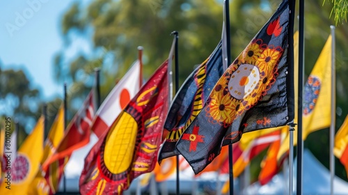 Australian Indigenous flags at the NAIDOC Week celebrations, rich earth tones and symbolic patterns, showcasing the depth of Indigenous culture photo