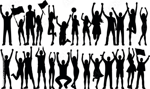 Silhouette of crowd celebrating victory, diverse people cheering. Detailed vector illustration capturing success moment, perfect for advertising campaigns, promotional content