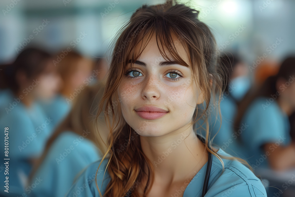 Nursing Student Standing in Classroom of Peers Nursing Student Standing in Classroom of Peers