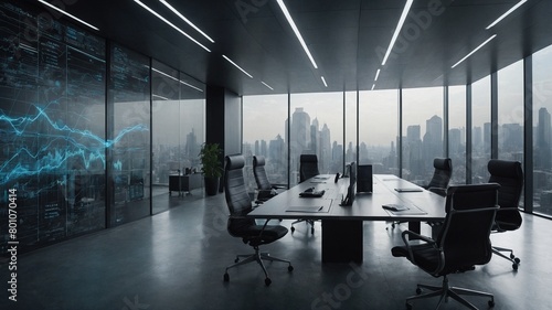 Modern conference room sits empty  awaiting arrival of business professionals. Large table surrounded by comfortable black leather chairs  each equipped with microphone  place setting.