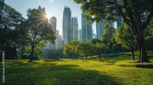 A park with lush green trees and grass with a backdrop of a modern city with skyscrapers