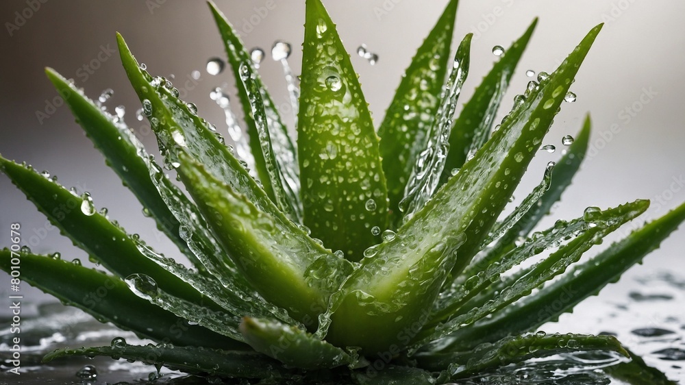 Water droplets cascade onto vibrant green aloe vera plant, creating mesmerizing display of glistening beads on its succulent leaves. Plant's thick, fleshy leaves radiate outward from its center. Water droplets cascade onto vibrant green aloe vera plant, creating mesmerizing display of glistening beads on its succulent leaves. Plant's thick, fleshy leaves radiate outward from its center.