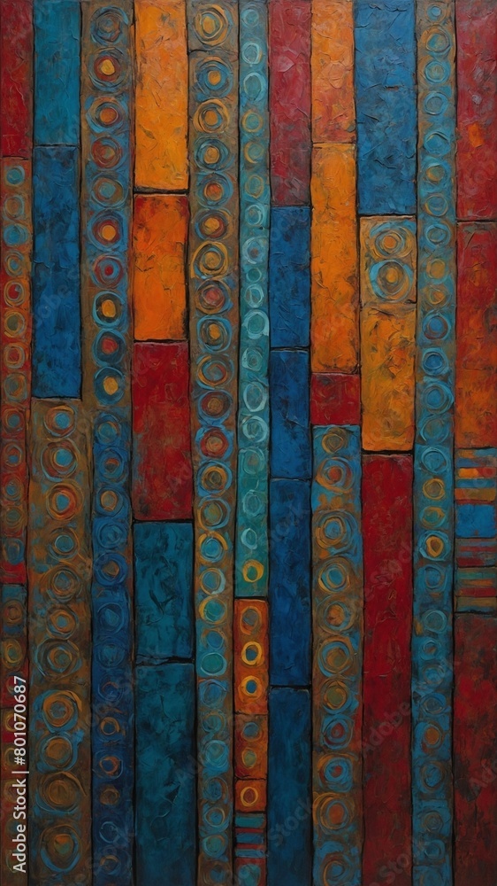 Vertical stripes of various widths in warm, cool colors alternate across canvas. Many of stripes feature rows of circles in contrasting colors, while others adorned with horizontal lines, left plain. Vertical stripes of various widths in warm, cool colors alternate across canvas. Many of stripes feature rows of circles in contrasting colors, while others adorned with horizontal lines, left plain.