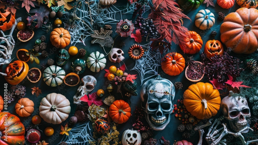 A table adorned with numerous Halloween decorations, including pumpkins, spooky figurines, candles, and spider webs, creating a festive and eerie atmosphere