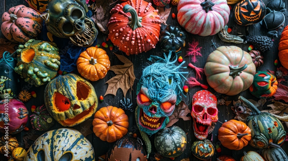 Collection of various colorful skulls and pumpkins, representing Halloween season festivities