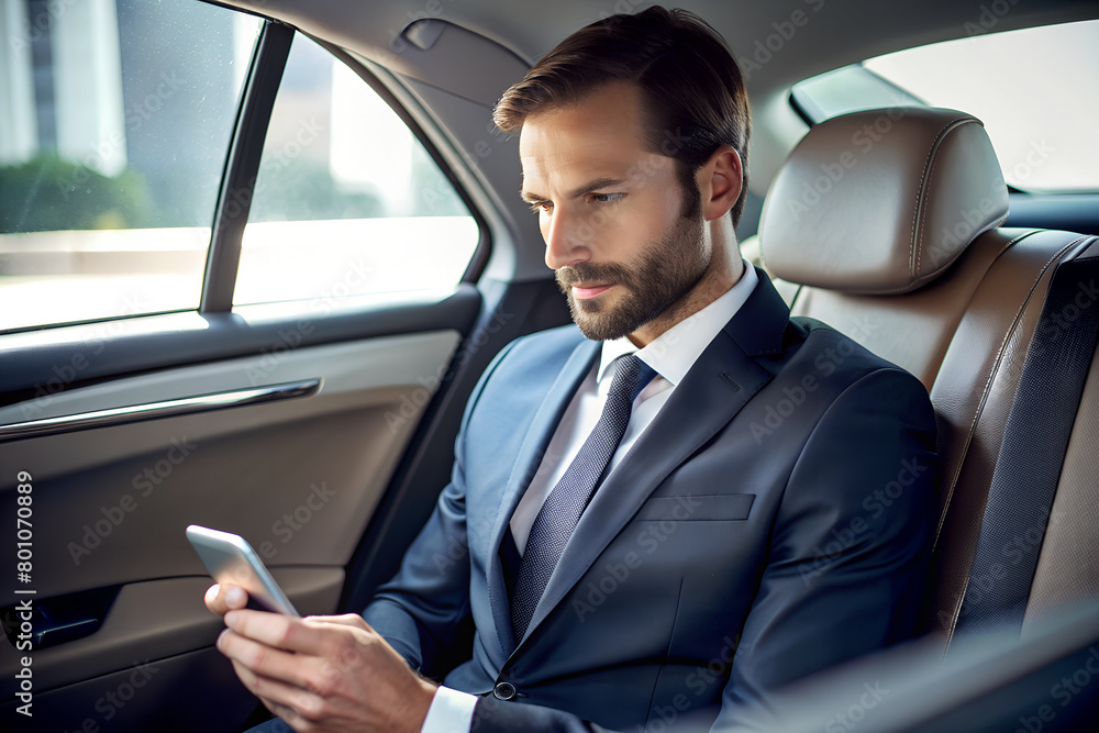 A man in a suit sits in the backseat of a car, looking at his phone. AI Generative A man in a suit sits in the backseat of a car, looking at his phone. AI Generative