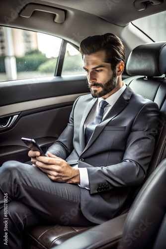 A man in a suit sits in the backseat of a car, looking at his phone. AI Generative © Big