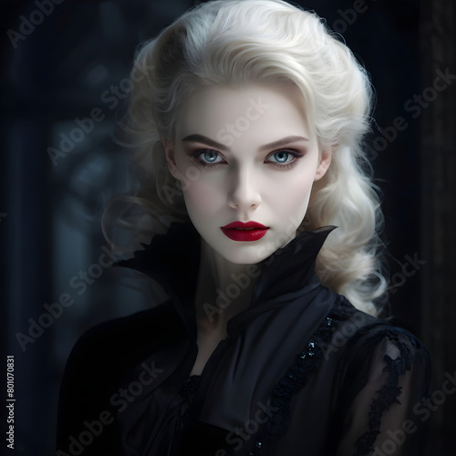 A hauntingly beautiful vampire with pale skin and piercing eyes, a hint of danger in their gaze. AI Generative