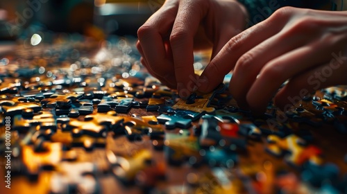 A close-up view of a persons hands working on a puzzle, fitting the final piece