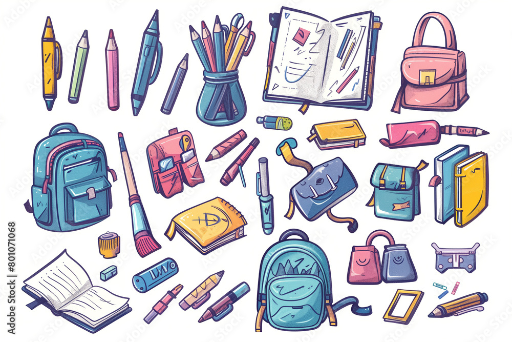 Stationery for school and kids backpack. Education supplies for children study. Stationery for school and kids backpack. Education supplies for children study.