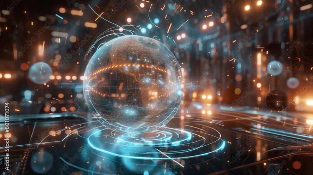 library's central AI interface. The orb-like AI projects knowledge networks in intricate patterns. library's central AI interface. The orb-like AI projects knowledge networks in intricate patterns.